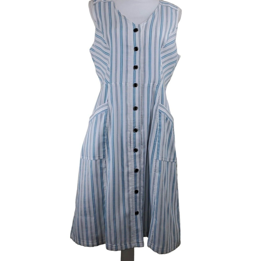 LOFT Women’s White Blue Teal Striped Button Down V Neck Pocket Dress Size 10